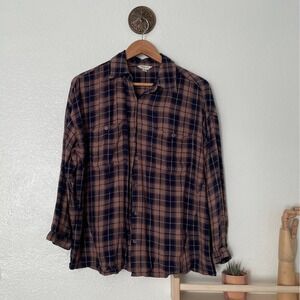 MAXSTUDIO Womens Plaid Long Sleeve Button Up Shirt Navy Brown Size M